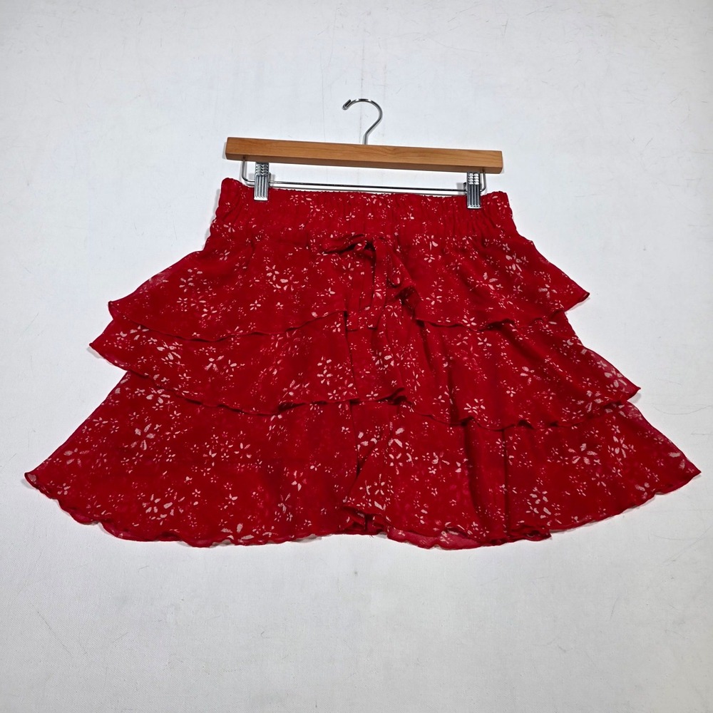 The Kooples Sport Mini Skirt Womens 2 Red Tiered Ruffle Floral Chiffon Boho Chic